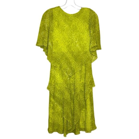 Vicky Tiel Green Snake Print Tiered Handkerchief Dress Size M Chiffon Rhinestone - Picture 5 of 12